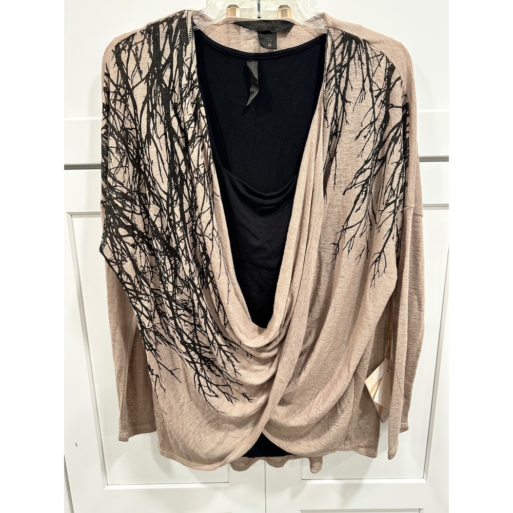 Miraclebody Cork Beige Black Tree Branch Layered Draped Cowl Neck Top M